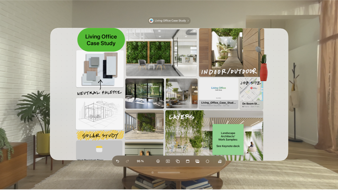 L’app Freeform sur l’Apple Vision Pro qui affiche un tableau ouvert avec la barre d’outils en bas.