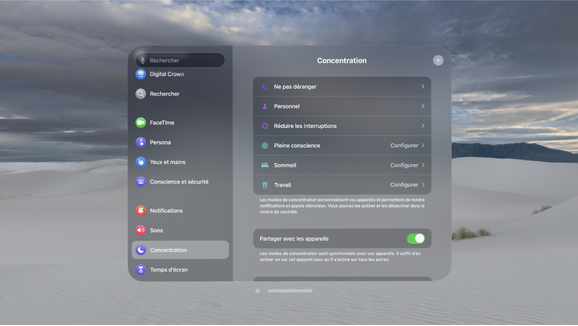 Réglages du mode de concentration sur l’Apple Vision Pro, montrant les options pour configurer un mode de concentration, le partager sur vos appareils et partager l’état du mode de concentration.