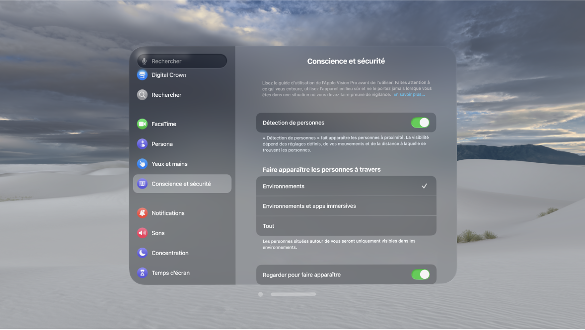 Réglages de la détection des personnes sur Apple Vision Pro, où il est possible d’activer ou de désactiver cette option, de modifier le moment où les personnes sont affichées, d’activer ou de désactiver l’option Regarder pour faire apparaître et de supprimer votre EyeSight personnalisé.