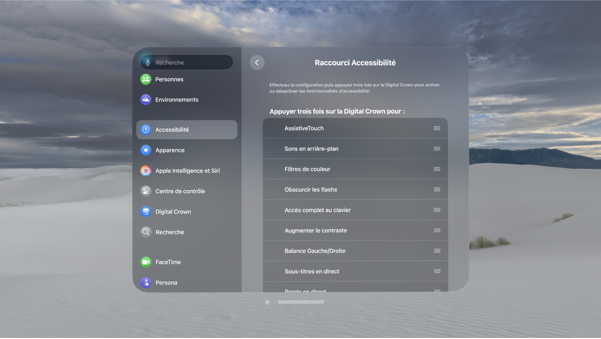 Les réglages de Raccourci Accessibilité sur l’Apple Vision Pro affichant les fonctionnalités pouvant être activées ou désactivées à l’aide de la Digital Crown.