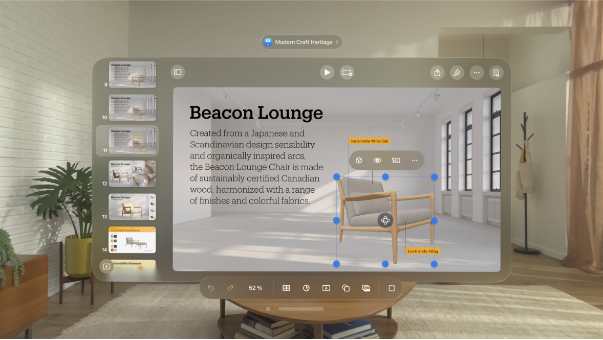 L’app Keynote sur l’Apple Vision Pro, présentant un objet 3D sélectionné, avec la barre des formats au-dessus de celui-ci et la barre d’outils en dessous.
