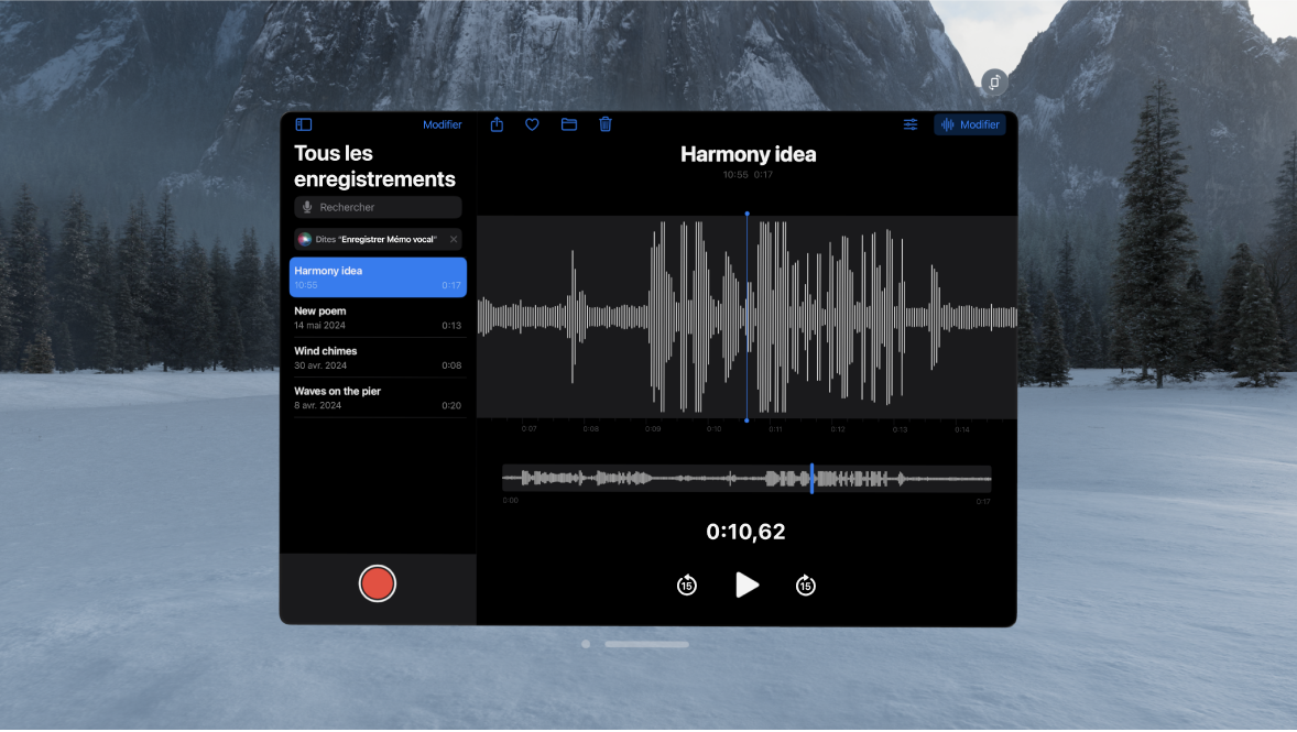 App Dictaphone sur l’Apple Vision Pro, montrant un écran d’enregistrement.