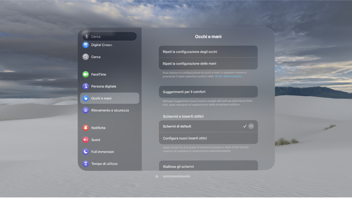 Impostazioni “Occhi e mani”, con opzioni per ripetere la configurazione di occhi e mani, modificare le impostazioni “Input mani” e altro ancora.