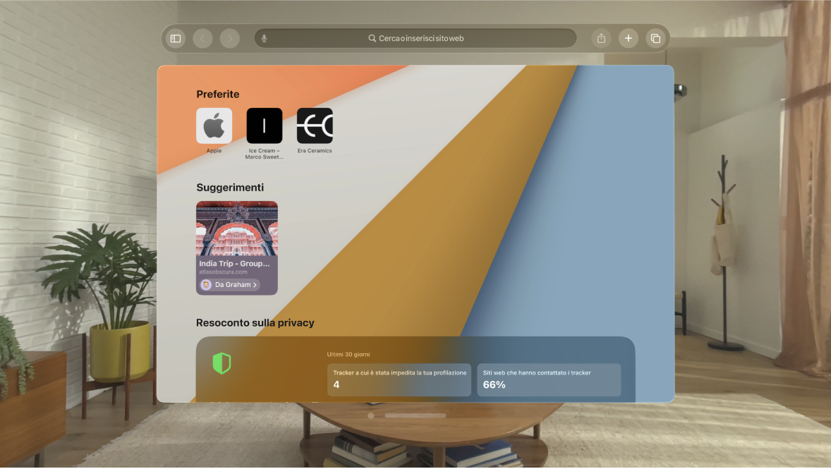 L’app Safari su Apple Vision Pro che mostra la pagina di apertura.