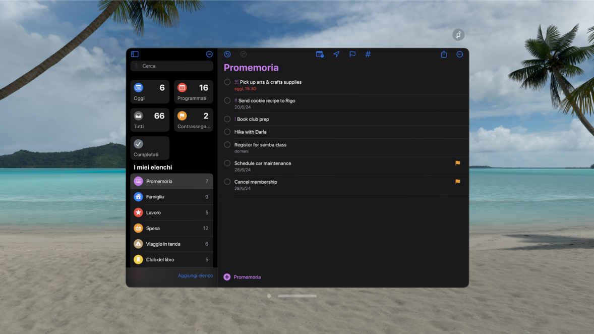 L’app Promemoria su Apple Vision Pro che mostra un elenco di promemoria non contrassegnati come completati.