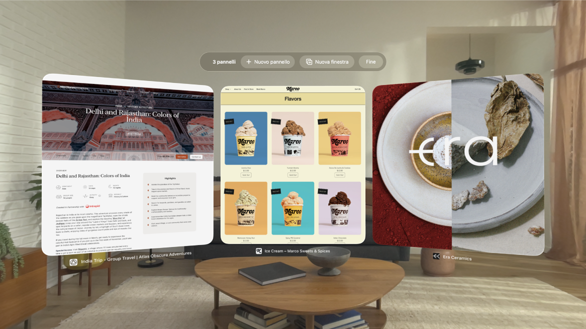 L’app Safari su Apple Vision Pro che mostra i pannelli disposti attorno alla vista dell’utente.