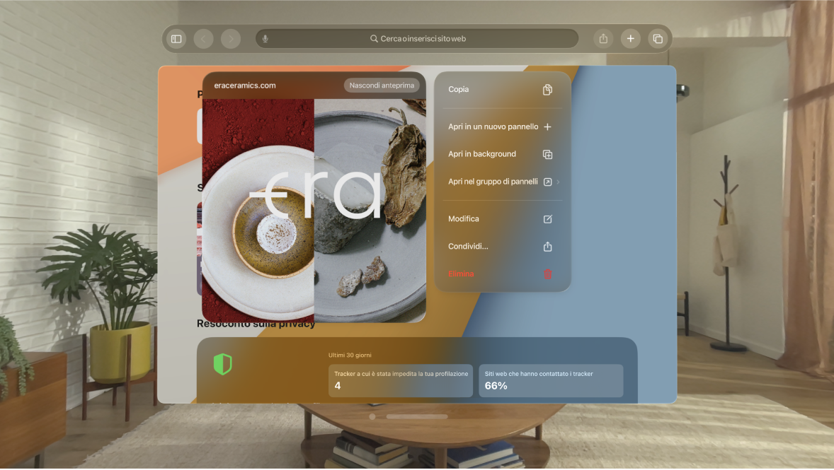 L’app Safari su Apple Vision Pro con una piccola finestra di anteprima che mostra un sito web prima di aprire un link.