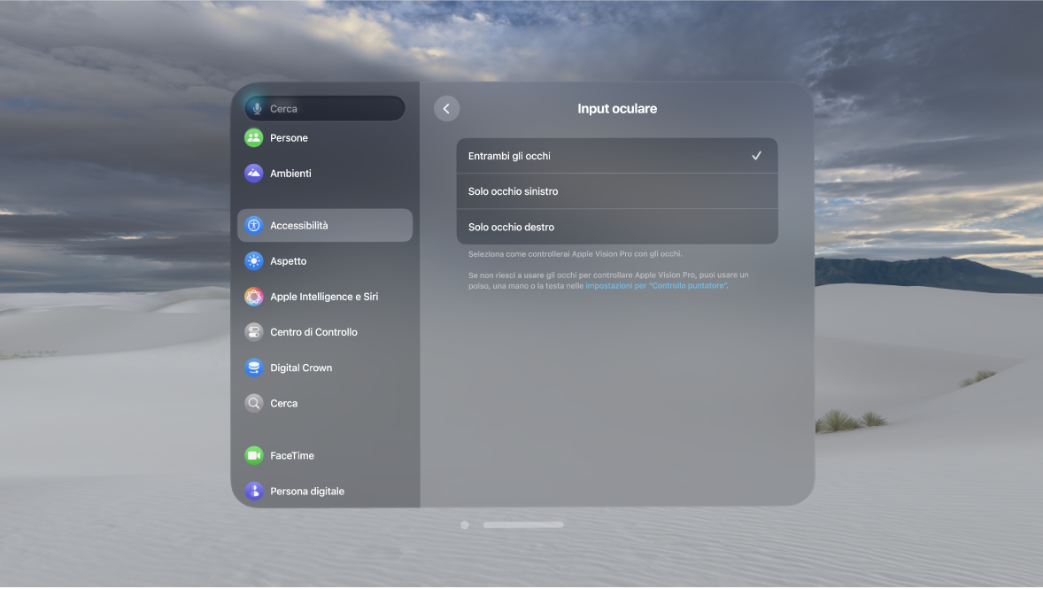 Impostazioni “Input oculare” su Apple Vision Pro che mostrano le opzioni per scegliere quale occhio usare per controllare il dispositivo.