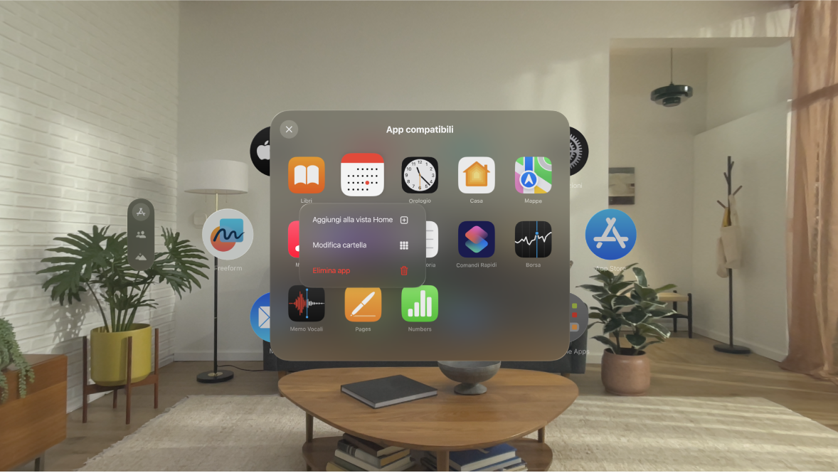 La cartella “App compatibili”. Un menu mostra le opzioni per eliminare un’app, modificare la cartella o spostare un’app sulla vista Home.