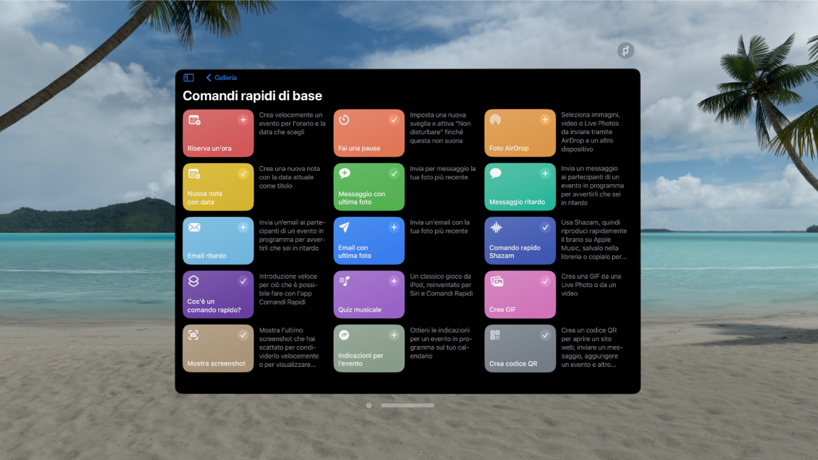 L’app Comandi Rapidi su Apple Vision Pro che mostra la galleria dei comandi Rapidi preimpostati.