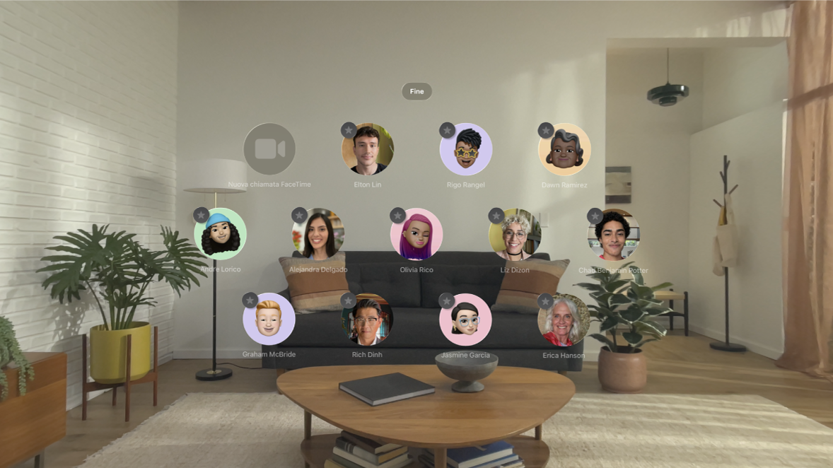 La vista persone su Apple Vision Pro. Nell’angolo di ciascun contatto è visibile l’icona di una stella grigia per mostrare che possono essere messi in evidenza, in cima alla vista Persone.