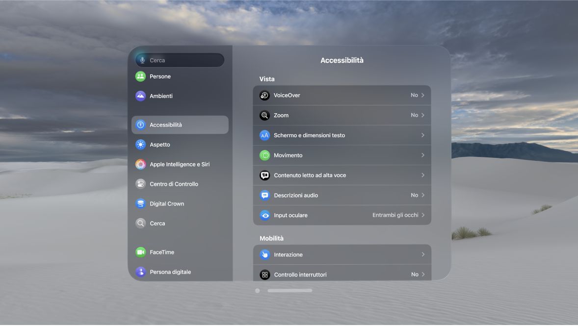 Impostazioni di accessibilità su Apple Vision Pro che mostrano impostazioni come VoiceOver, “Input oculare” e “Controllo interruttori”.
