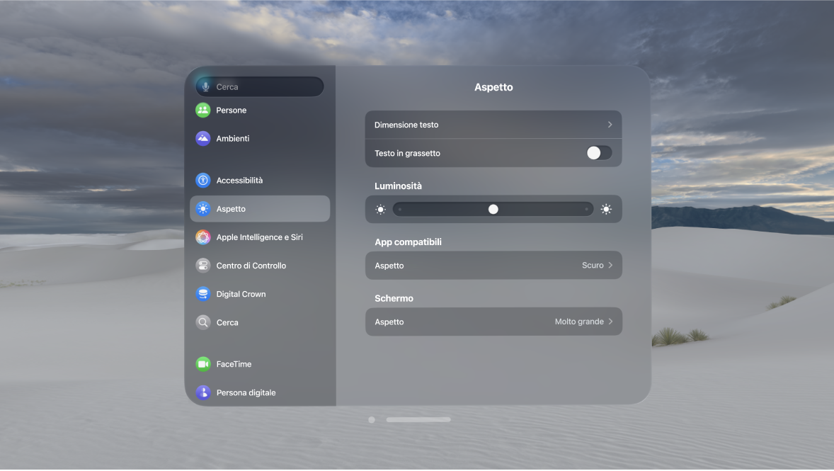 Le impostazioni Aspetto su Apple Vision Pro che mostrano opzioni come “Dimensioni testo”, Luminosità e “Aspetto delle app compatibili”.