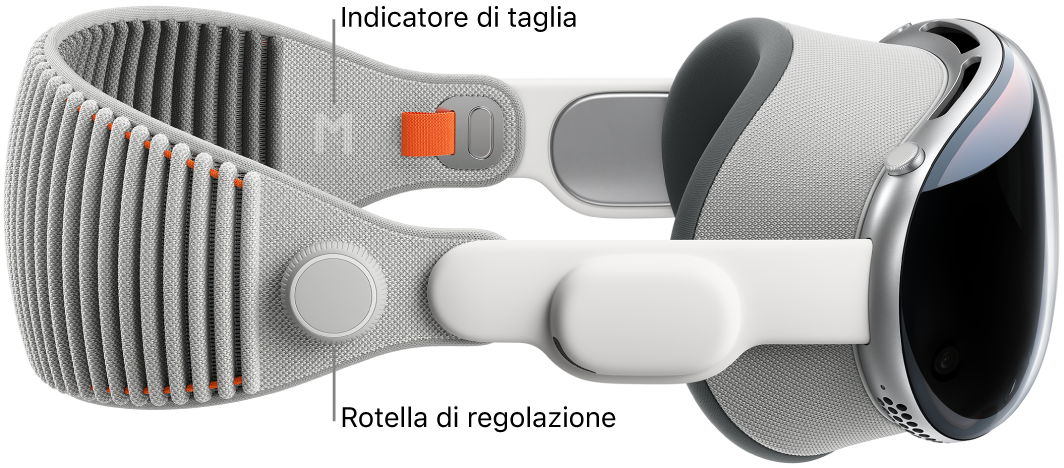 Apple Vision Pro con la fascia Solo Knit agganciata. La manopola di regolazione sulla destra della fascia Solo Knit.