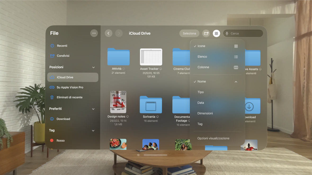 L’app File su Apple Vision Pro che mostra le opzioni per modificare come vengono ordinati i file.