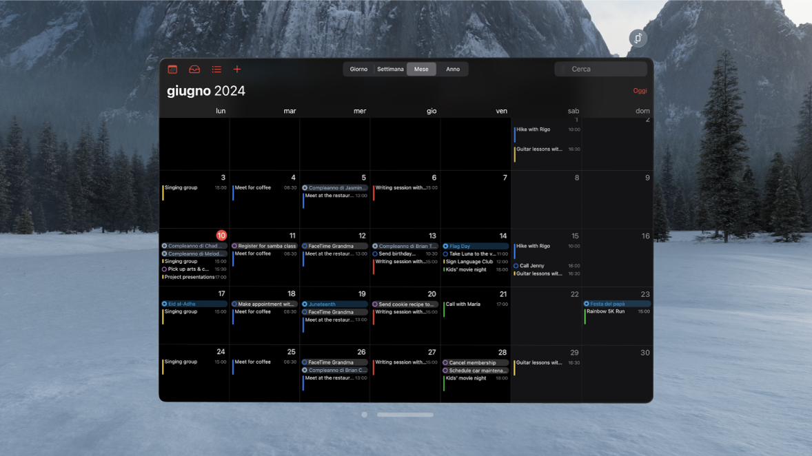 L’app Calendario su Apple Vision Pro che mostra un mese di eventi.