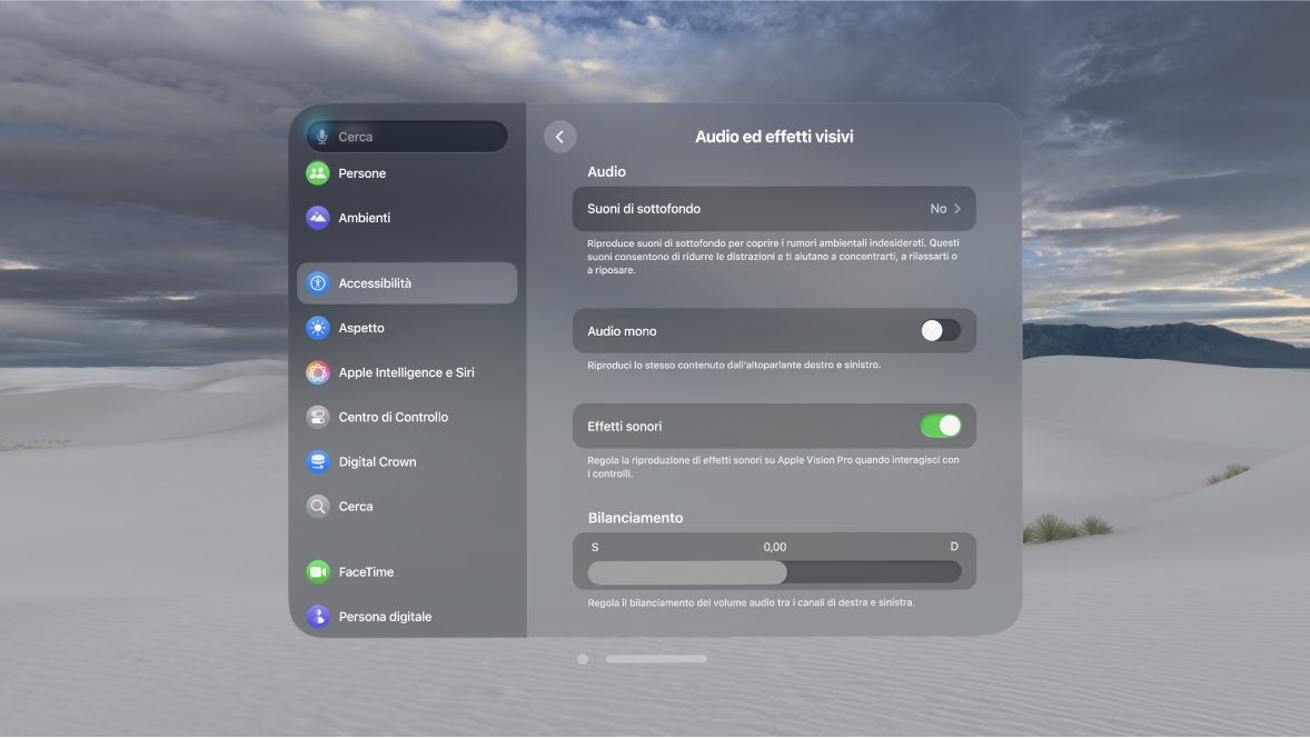 Impostazioni “Audio ed effetti visivi” su Apple Vision Pro che mostrano l’opzione “Effetti sonori” attivata.