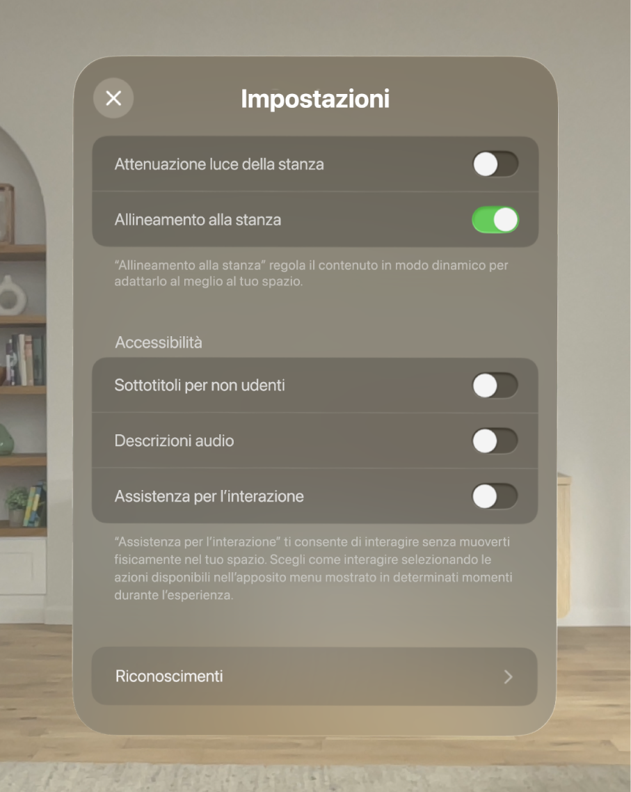 Le Impostazioni di A tu per tu con i dinosauri, con opzioni per regolare l’oscuramento e l’allineamento della stanza, oltre a quelle per i sottotitoli, per le descrizioni e per l’interazione assistita.