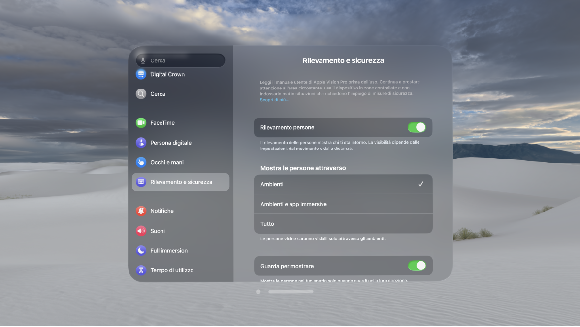 Impostazioni “Rilevamento persone” su Apple Vision Pro, dove puoi attivare o disattivare “Rilevamento persone”, modificare quando le persone vengono mostrate, attivare o disattivare “Guarda per mostrare” ed eliminare l’EyeSight personalizzato.