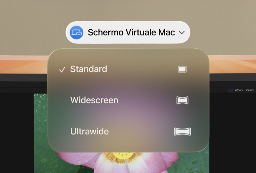 In visionOS vengono mostrate le opzioni per le proporzioni di Schermo Virtuale Mac.
