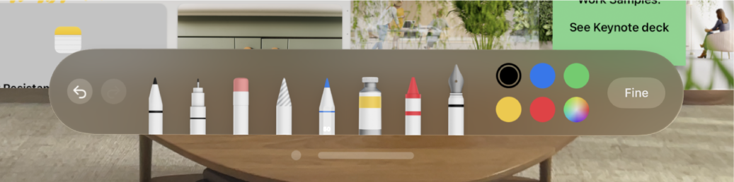 La barra degli strumenti da disegno nell’app Freeform su Apple Vision Pro.