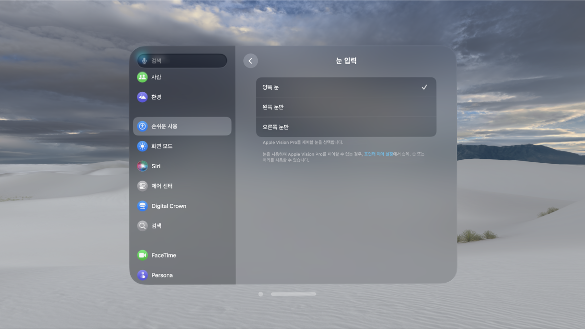 Apple Vision Pro의 눈 입력 설정. 기기를 제어하는 데 사용할 눈을 변경하는 옵션이 표시됨.