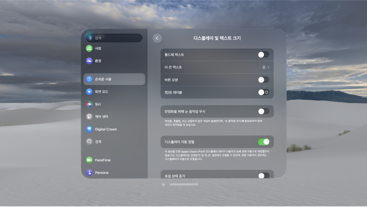 Apple Vision Pro의 디스플레이 및 텍스트 크기 설정. 볼드체 텍스트, 눈 움직임 무시, 초점 상태 증가 등을 켤 수 있는 제어기가 표시됨.
