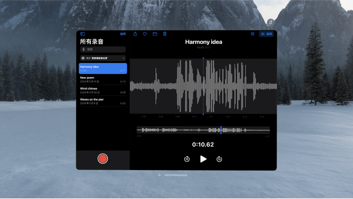 Apple Vision Pro 上的“语音备忘录” App,显示录音屏幕。