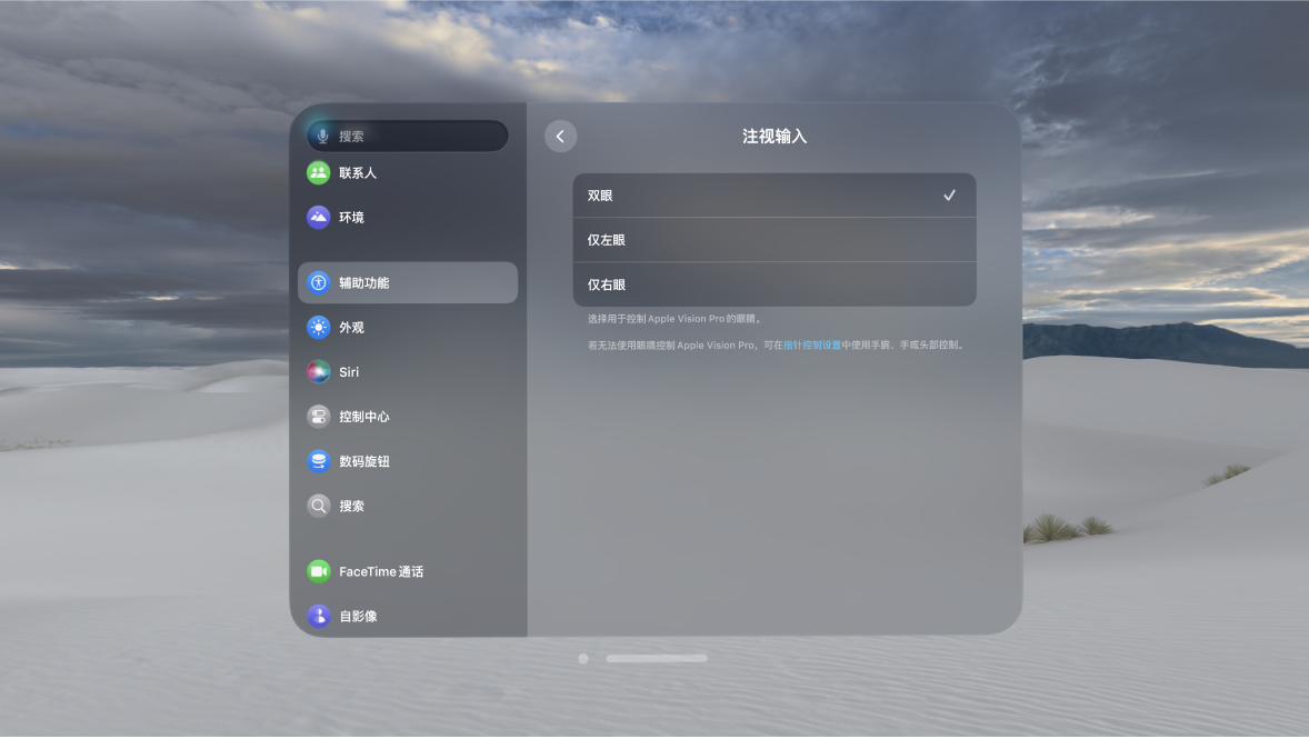 Apple Vision Pro 上的“注视输入”设置，显示的选项可更改控制设备所用的眼睛。