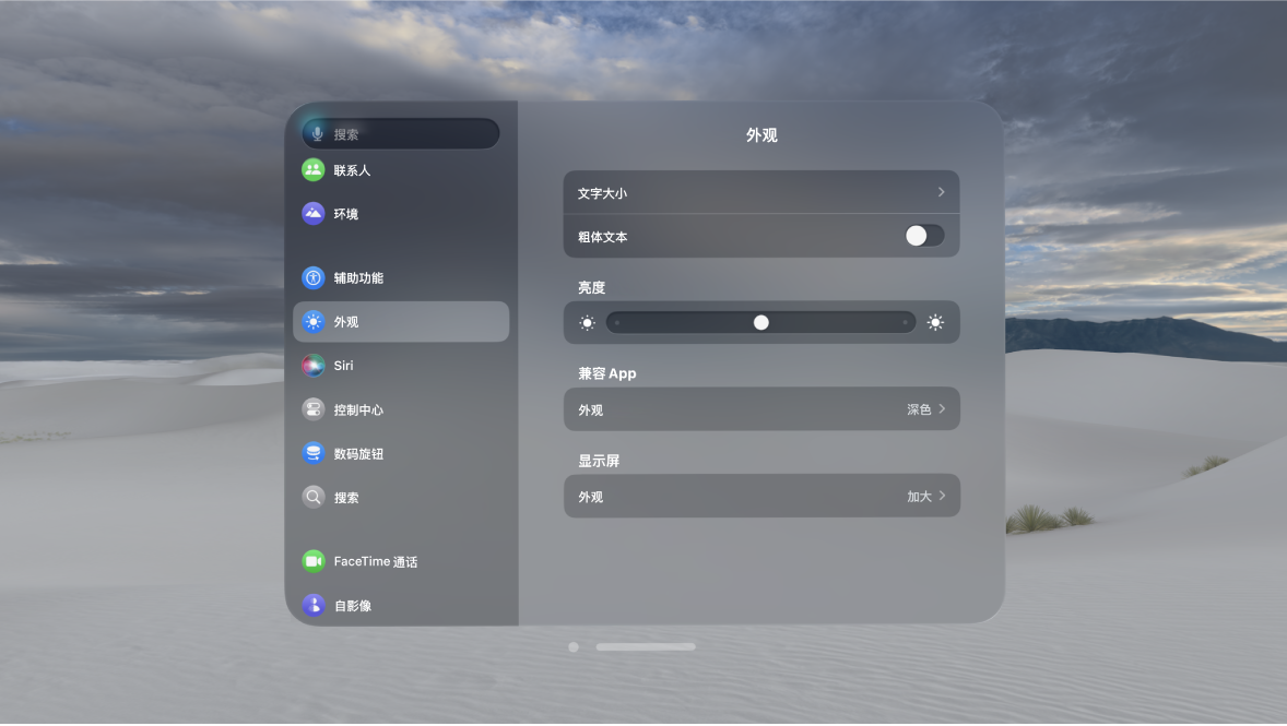 Apple Vision Pro 的外观设置,显示“文字大小”、“亮度”和“兼容 App 的外观”等设置。