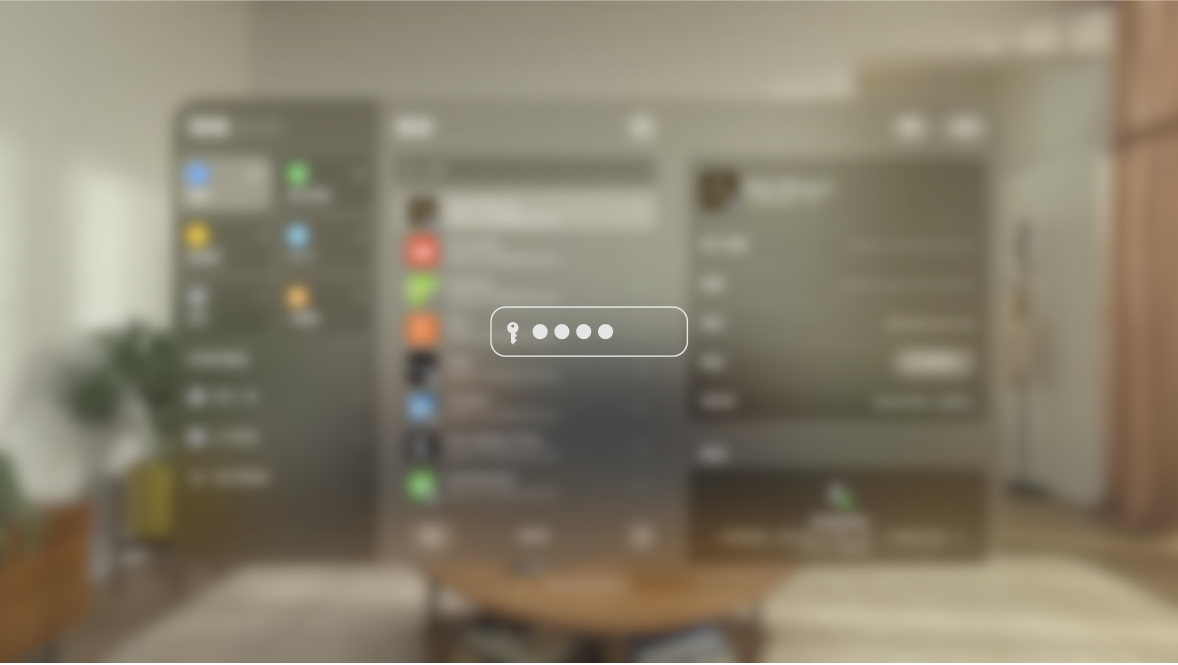 在輸入密碼時,其他人在鏡像輸出顯示器上看到的 Apple Vision Pro 視野。視野會變得模糊,有一個影像表示用户正在輸入密碼。