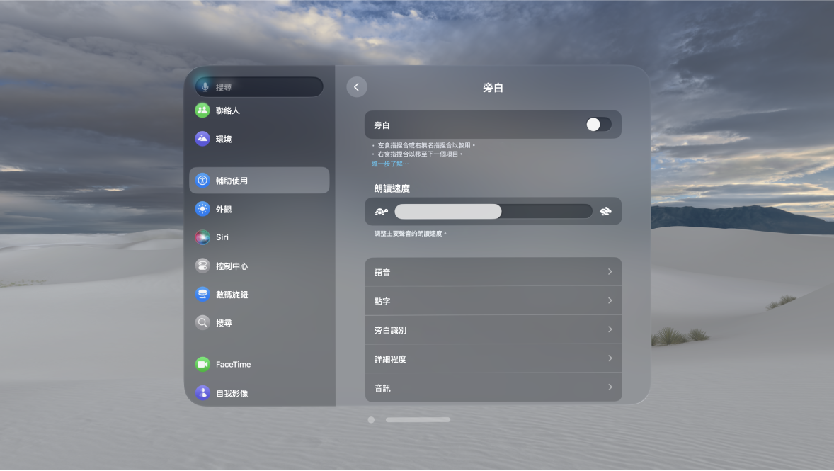 Apple Vision Pro 上的「旁白」設定,顯示朗讀速度、點字、詳細程度等等。