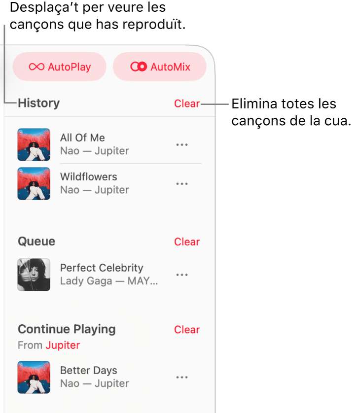 La cua es pot veure a l’angle superior dret de l’Apple Music. Apareixen les seccions “Historial”, “Cua” i “Continua reproduint”.