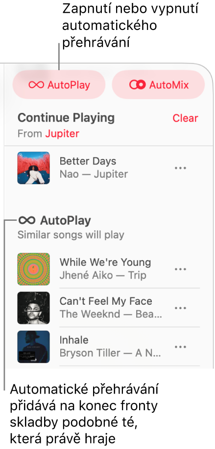 Fronta se zobrazuje v pravém horním rohu okna Apple Music. Zobrazí se sekce Pokračovat v přehrávání a Automatické přehrávání.