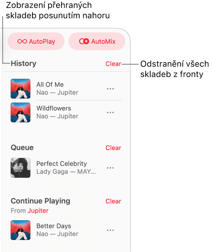 Fronta se zobrazuje v pravém horním rohu okna Apple Music. Zobrazí se sekce Historie, Fronta a Pokračovat v přehrávání.