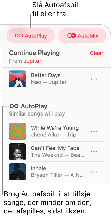 Køen er synlig i øverste højre hjørne af Apple Music. Sektionerne Fortsæt afspilning og Autoafspil vises.