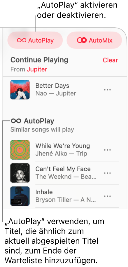 In Apple Music ist oben rechts die Warteliste sichtbar. Die Abschnitte „Wiedergabe fortsetzen“ und „AutoPlay“ werden angezeigt.