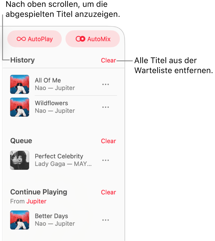 In Apple Music ist oben rechts die Warteliste sichtbar. Die Bereiche „Verlauf“, Warteliste“ und „Wiedergabe fortsetzen“ werden angezeigt.