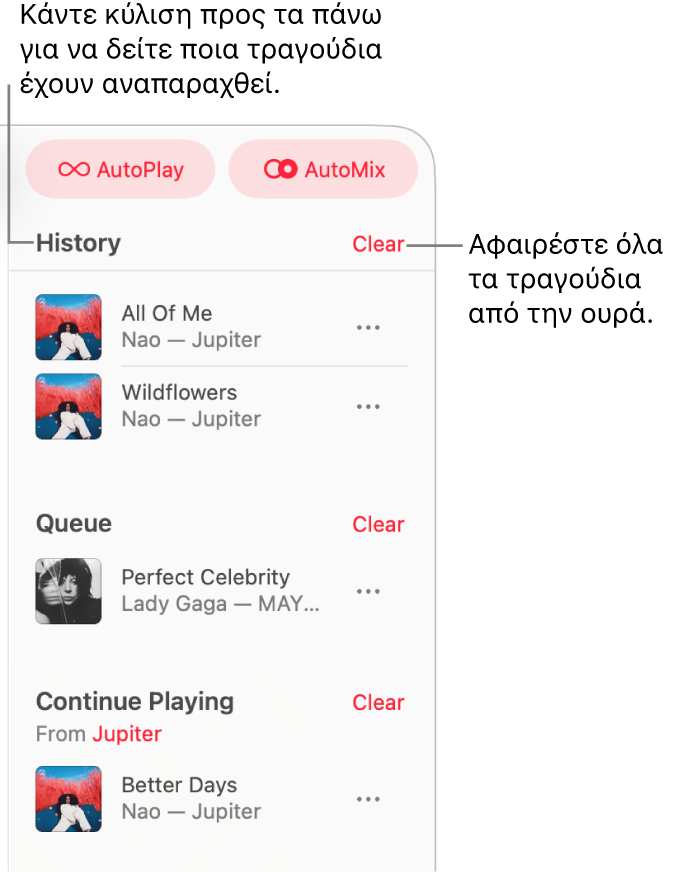 Η ουρά είναι ορατή στην πάνω δεξιά γωνία του Apple Music. Εμφανίζονται οι ενότητες «Ιστορικό», «Ουρά» και «Συνέχεια αναπαραγωγής».