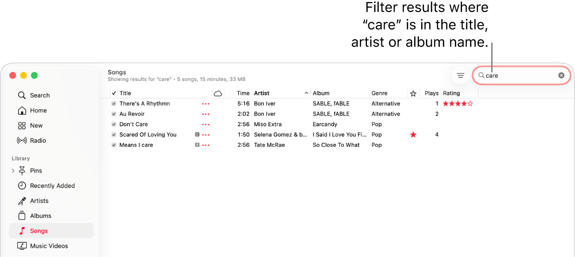 The Apple Music window showing the list of songs that appears when “care” is entered in the filter field in the top-right corner. The songs in the list include the word “care” in their title, artist or album name.