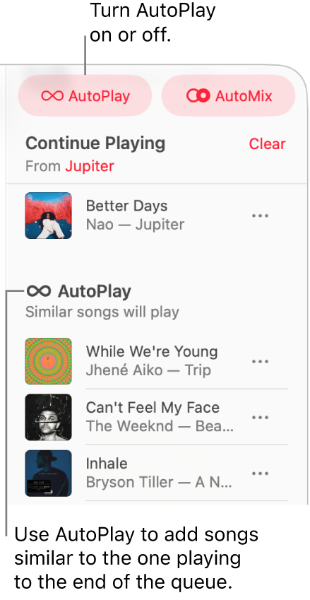 The queue is visible at the top-right corner of Apple Music. The Continue Playing and AutoPlay sections appear.