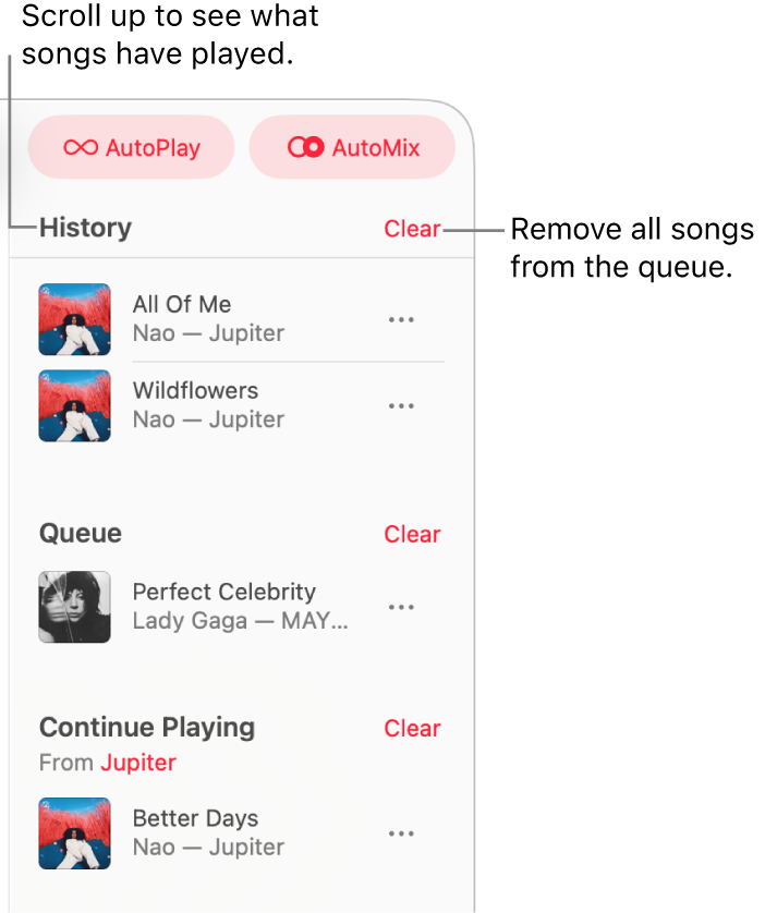 The queue is visible at the top-right corner of Apple Music. The History, Queue and Continue Playing sections appear.