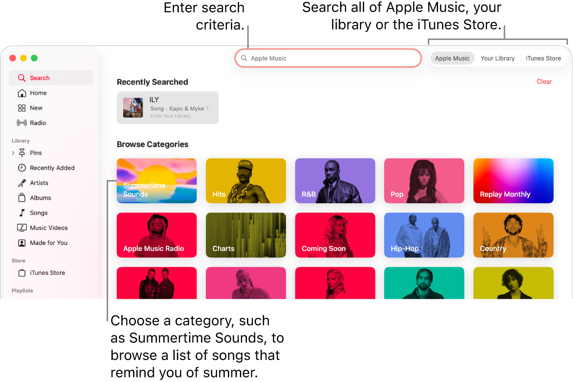 The Apple Music window showing the search field in the top-left corner, the list of categories in the center of the window and Apple Music, Your Library and iTunes Store available in the top-right corner. Enter search criteria in the search field, then choose to search all of Apple Music, just your library or the iTunes Store.