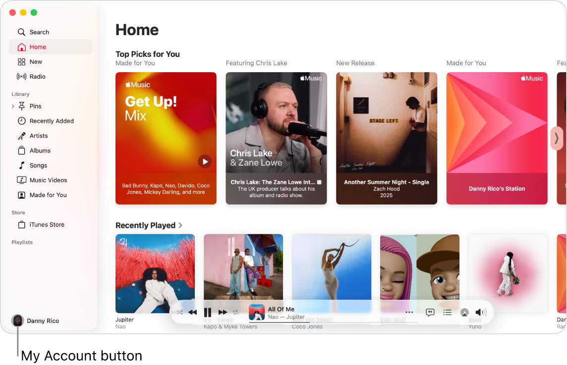 The Apple Music window showing the Home screen. The My Account button (which looks like a photo or monogram) is in the bottom-left corner of the window.