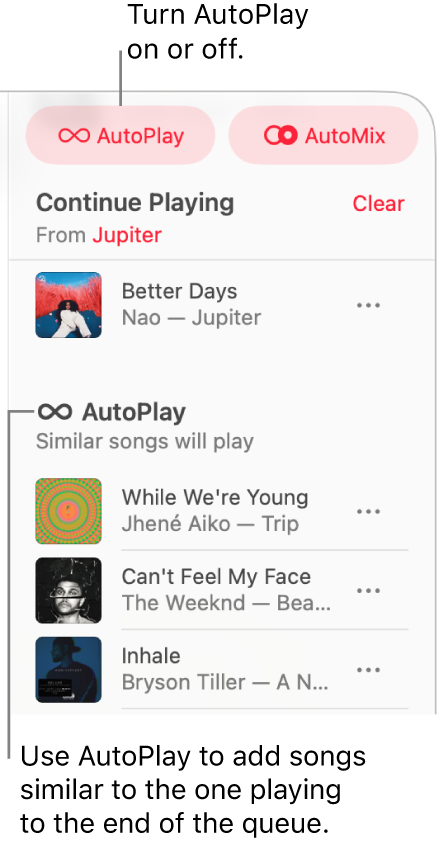 The queue is visible at the top-right corner of Apple Music. The Continue Playing and AutoPlay sections appear.