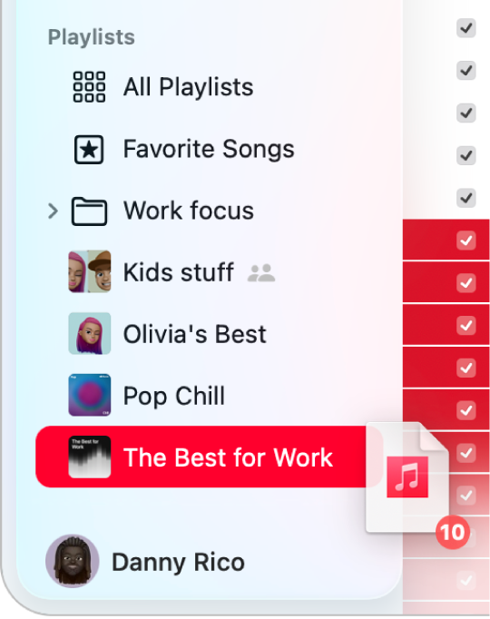 Ten songs being dragged to a playlist. The playlist is highlighted.
