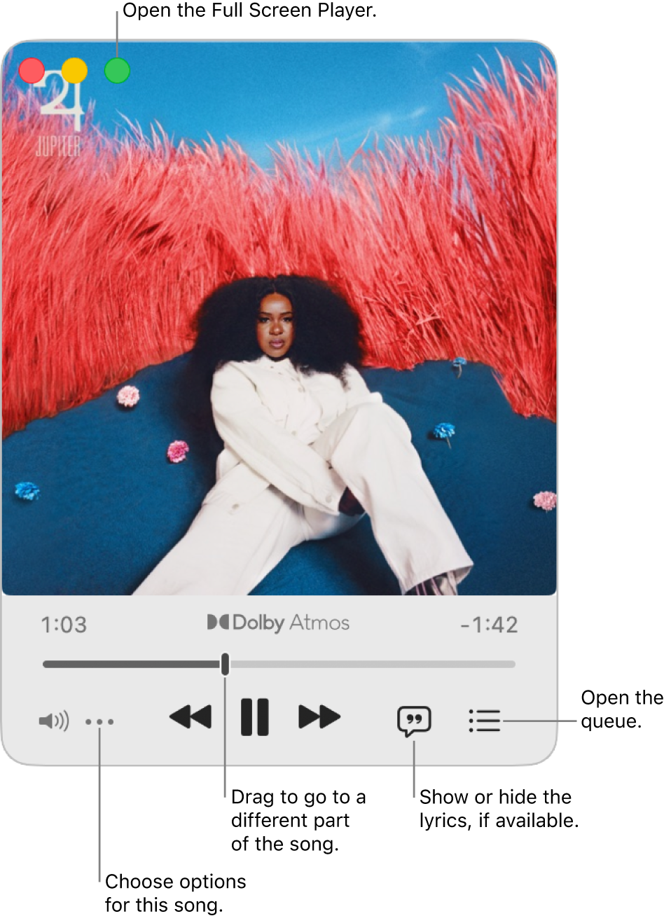 Expanded MiniPlayer showing the controls for the song that’s playing. In the top-left corner are the window controls used to open and close the Full Screen Player. The main part of the window shows the album artwork for the song that’s playing. Below the artwork are a slider to move to a different part of the song, and buttons to adjust the volume, show lyrics, and open the queue.