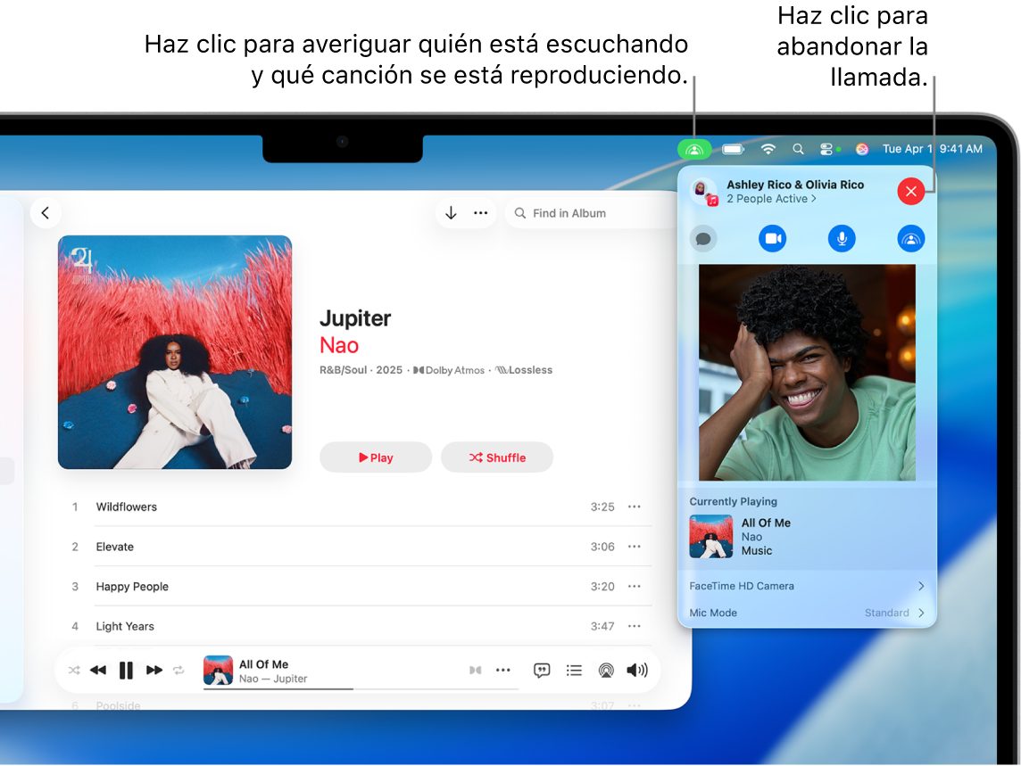 La ventana de Apple Music con una canción reproduciéndose mientras se usa SharePlay. La ventana de reproducción muestra cuántas personas están escuchando música. A la derecha, se hace clic en el ícono de SharePlay y se muestra quién está escuchando y la canción que se está reproduciendo en ese momento. A la derecha, puedes hacer clic en el botón Cerrar.
