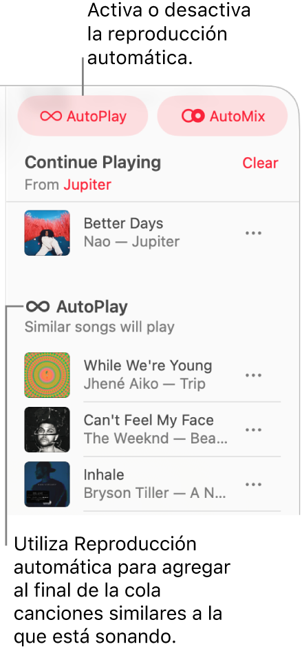 La fila es visible en la esquina superior derecha de Apple Music. Aparecen las secciones Seguir reproduciendo y Reproducción automática.