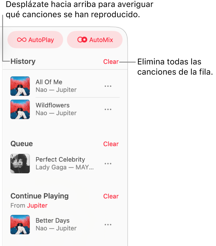La fila es visible en la esquina superior derecha de Apple Music. Aparecen las secciones Historial, Fila, y Seguir reproduciendo.